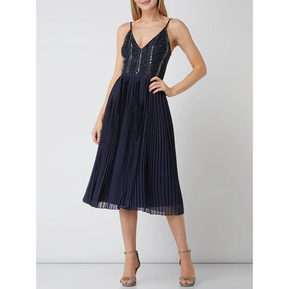 Lace & Beads Embellished Pleated Chiffon Cocktail Dress Midi Dress Blue Size S - Picture 9 of 11